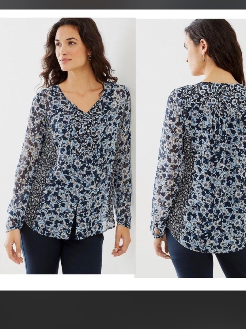J.Jill Floral Blue Sheer Button Tie Blouse XS